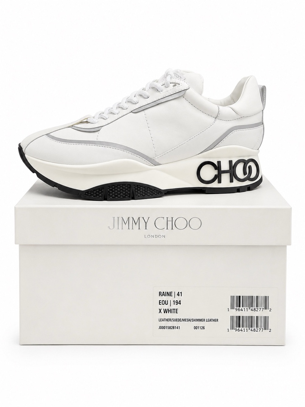 Jimmy Choo White Leather Raine‎ Platform Sneaker with Black Logo